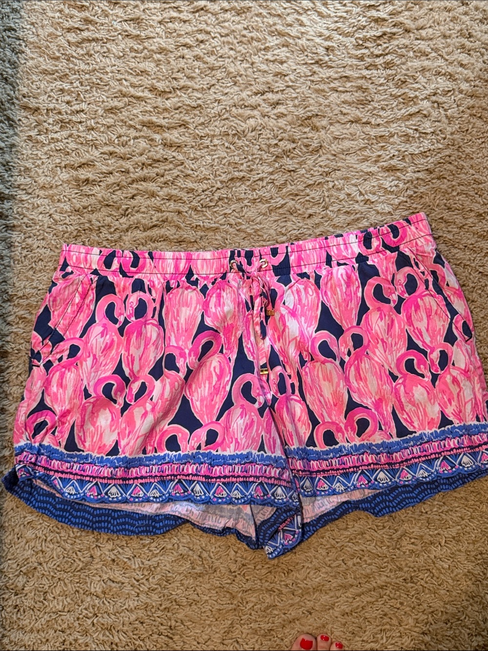 Lilly Pulitzer Pink Flamingo Print Drawstring Shorts with Blue Trim